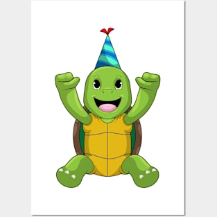 Turtle at Birthday with Party hat Posters and Art